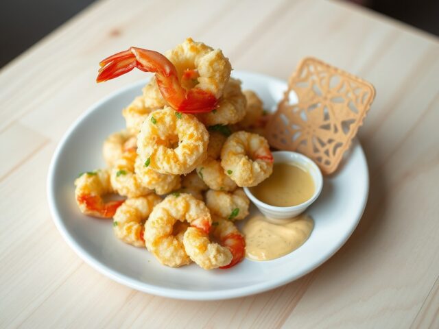 Scampi in kerveltempura en mosterddressing met een