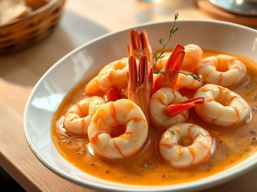 scampi in romige kreeftesaus, AI-gegenereerde illustratie