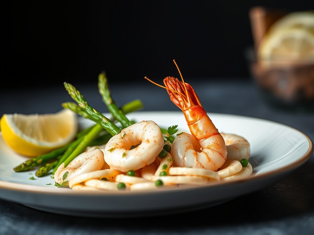 Scampi met asperges en seranoham, AI-gegenereerde illustratie