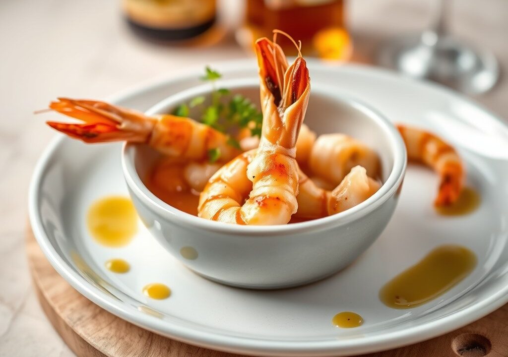 Scampi met cognac en whiskey, AI-gegenereerde illustratie