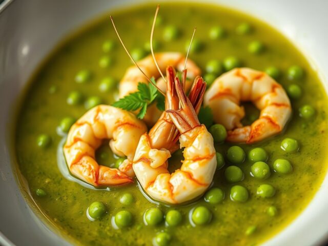 scampi`s in een brons groene saus