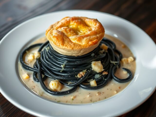 Scampi-soufflé op zwarte pasta