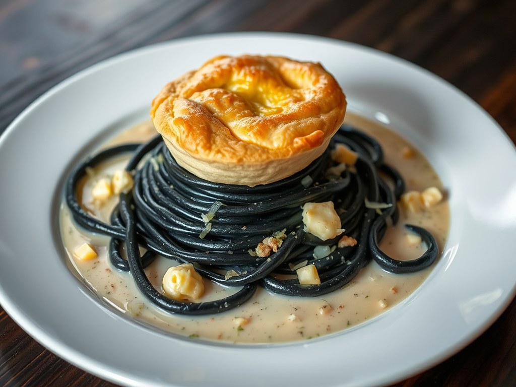 Scampi-soufflé op zwarte pasta, AI-gegenereerde illustratie