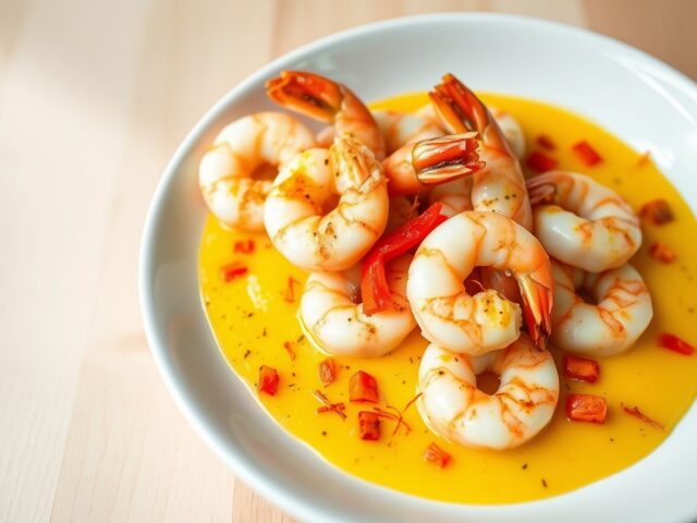 Scampis met saffraansaus en paprika