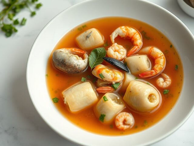 Schaaldierensoep met gevulde kooltjes