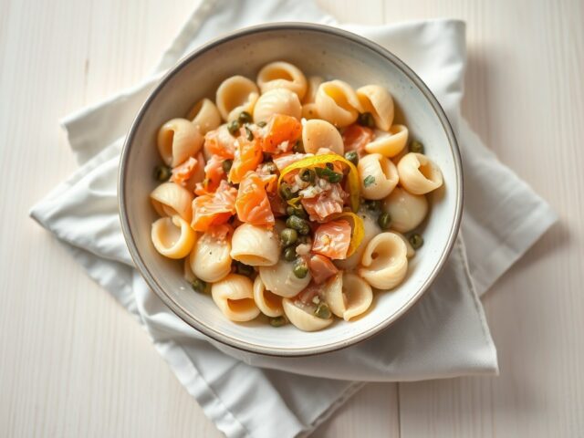 Schelpjes met zalm en kappertjes