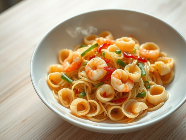 Schelppasta met gembergarnalen