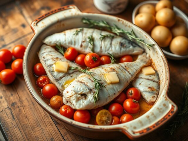 Schelvis in de oven met rozemarijn en kerstomaatjes