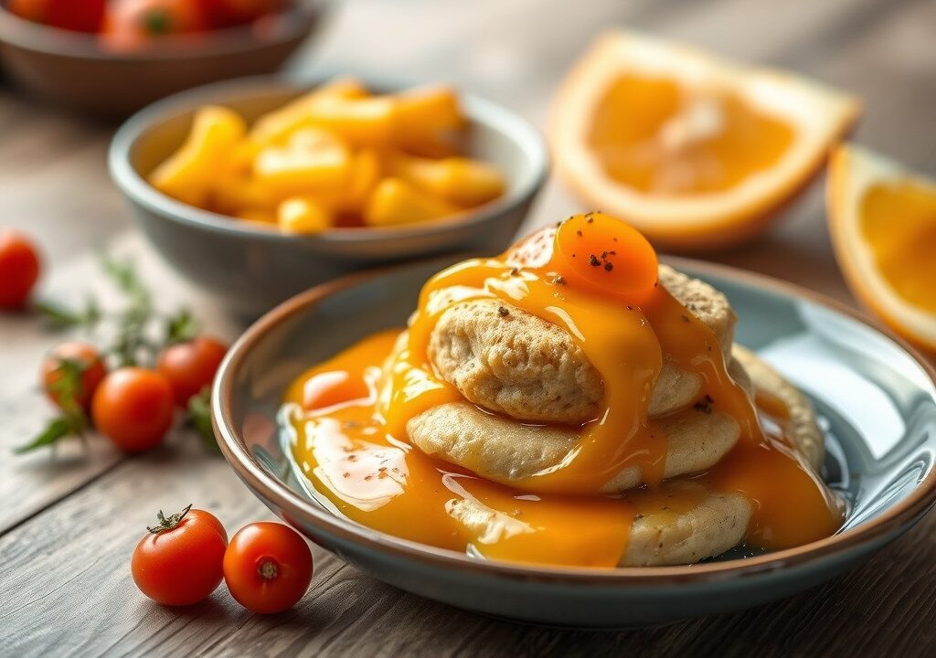 Schelvis met sinaasappelsaus, wortelkoek, AI-gegenereerde illustratie