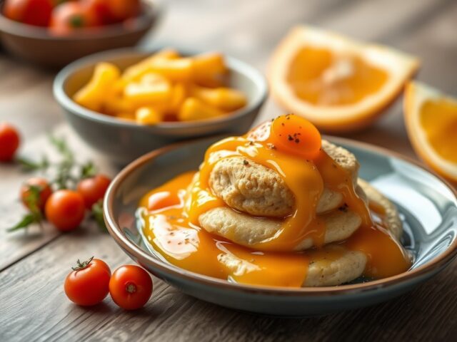 Schelvis met sinaasappelsaus, wortelkoek — AI-gegenereerde illustratie