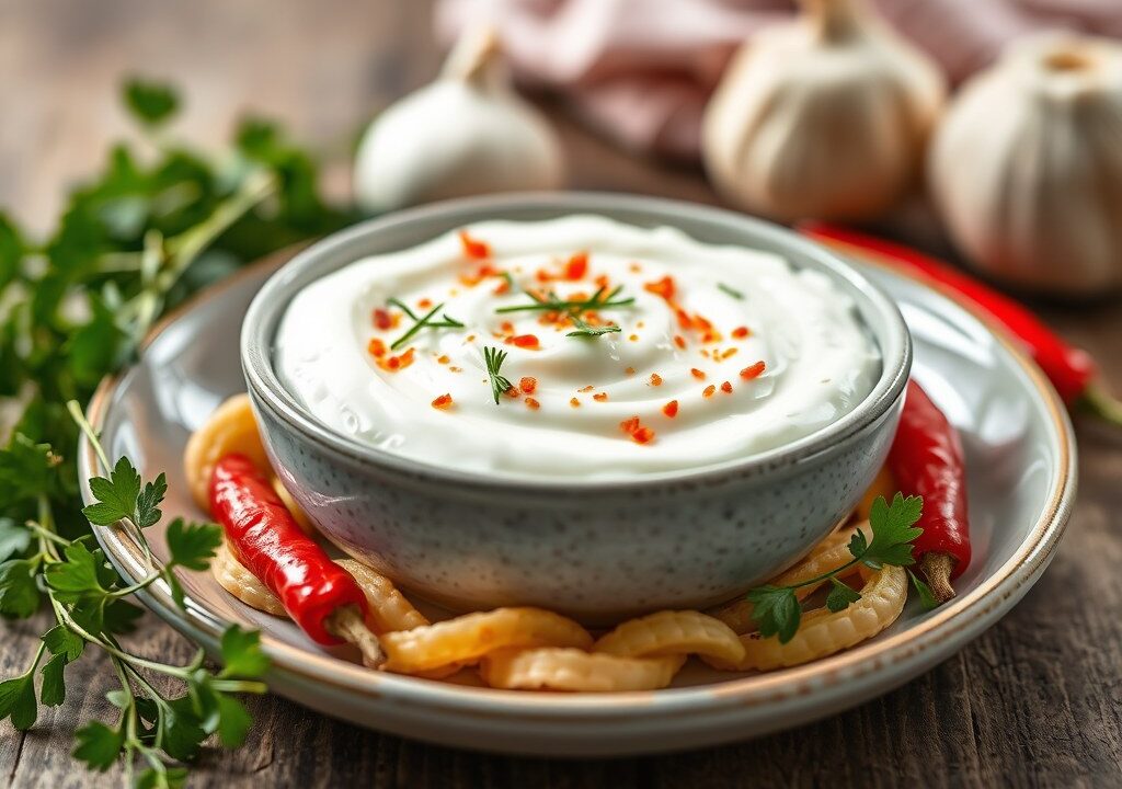 Scherp en fris yoghurt kruidensausje, AI-gegenereerde illustratie