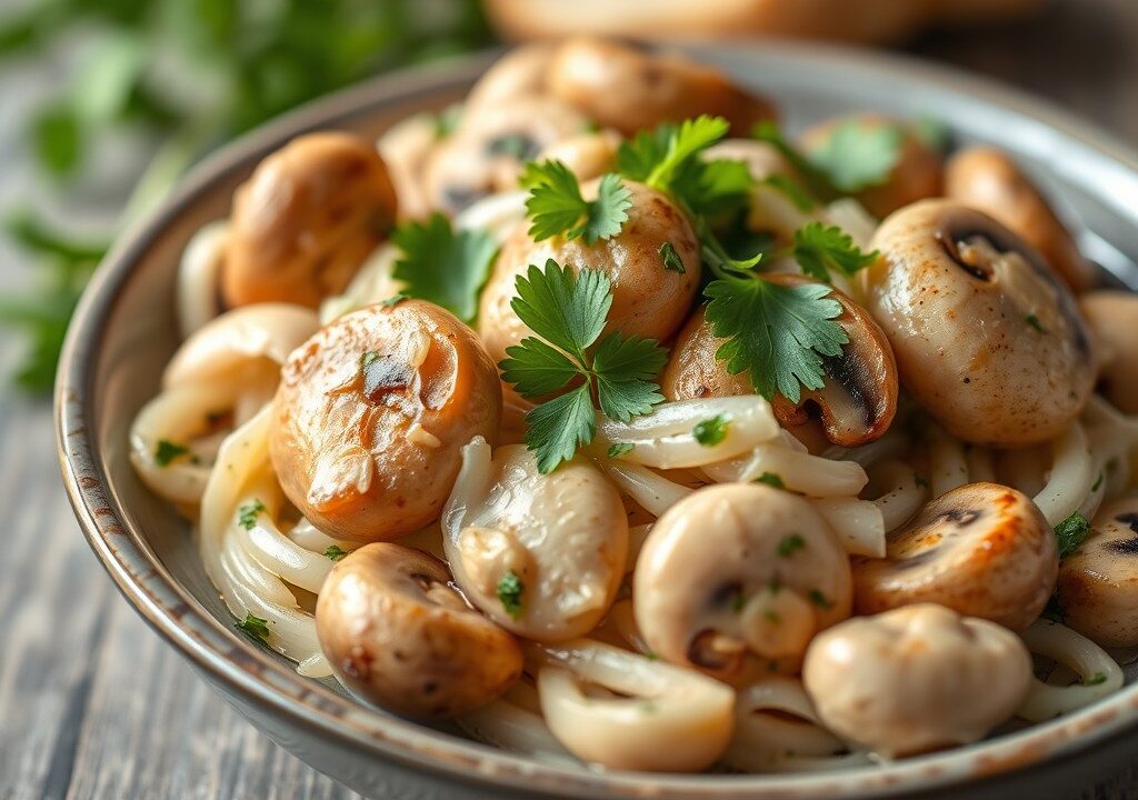 Scherpe witte wijnchampignons met knoflook, AI-gegenereerde illustratie