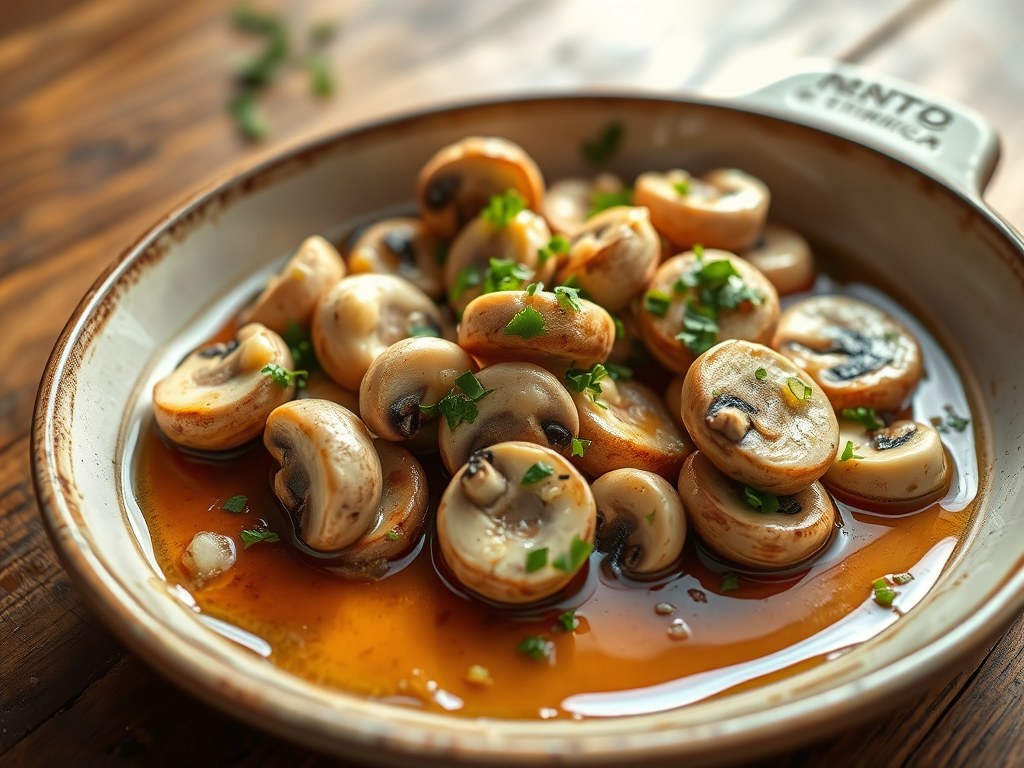 Scherpe witte wijnchampignons met knoflook, AI-gegenereerde illustratie