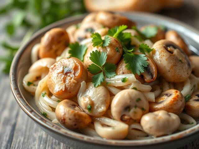 Scherpe witte wijnchampignons met knoflook — AI-gegenereerde illustratie