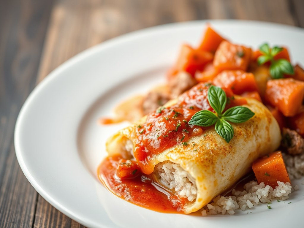 Schitzelrolletjes met tomatensaus, AI-gegenereerde illustratie