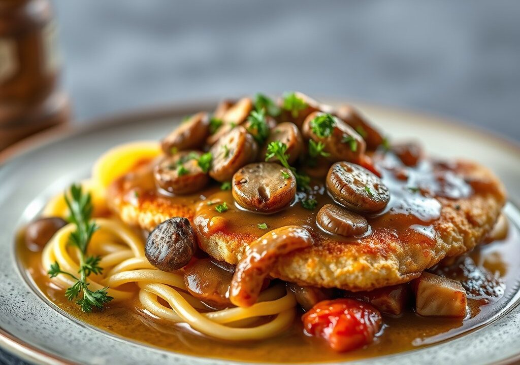 Schnitzel met champignonsaus, AI-gegenereerde illustratie