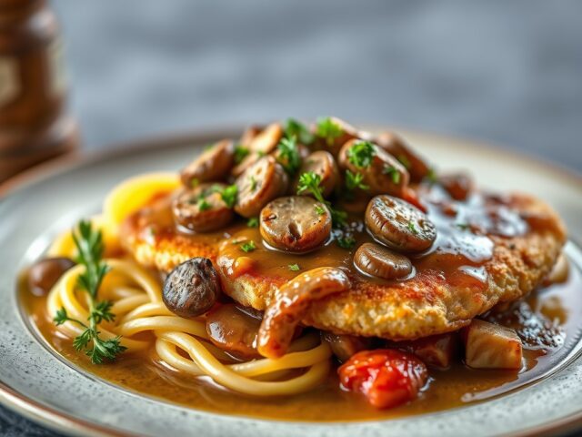 Schnitzel met champignonsaus — AI-gegenereerde illustratie