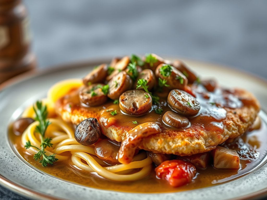 Schnitzel met champignonsaus, AI-gegenereerde illustratie