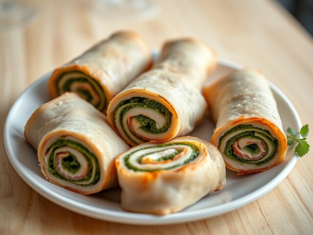 Schnitzelrolletjes gevuld met pesto en ontbijtspek
