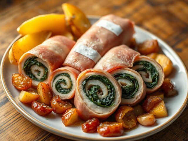 Schnitzelrolletjes met knoflookspinazie