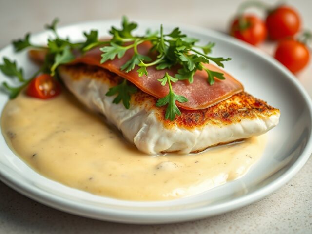 Scholfilet met parmaham,rucola en saffraansaus