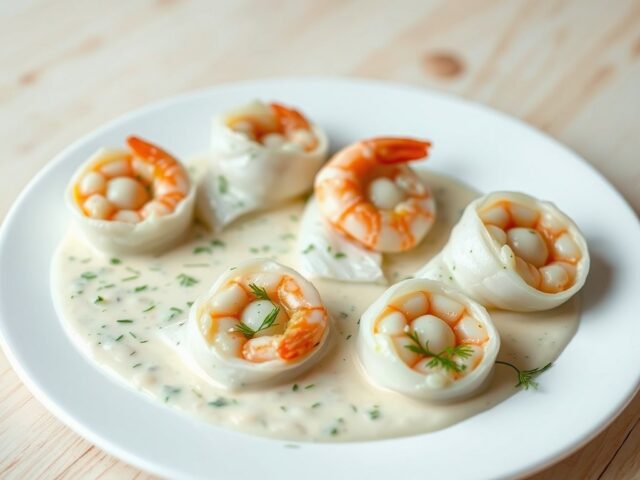 Scholfiletrolletjes met gamba’s en dillesaus