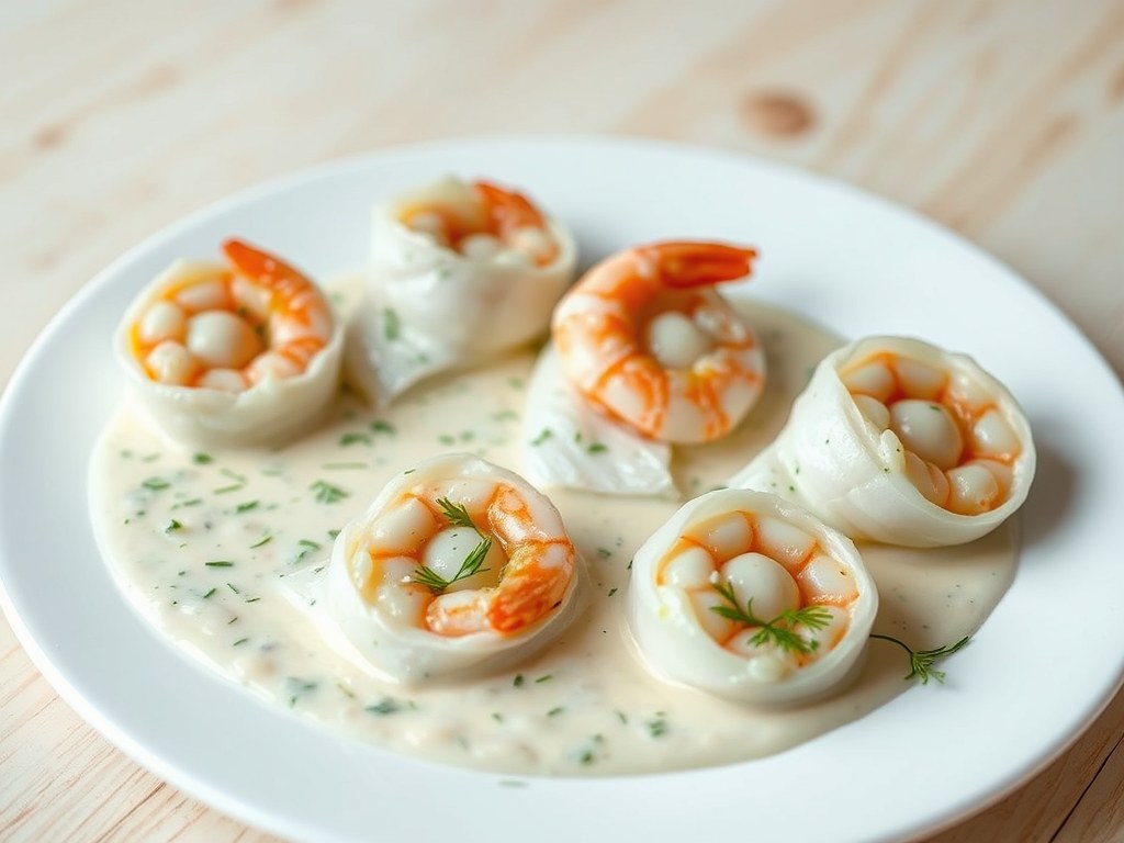 Scholfiletrolletjes met gamba’s en dillesaus, AI-gegenereerde illustratie