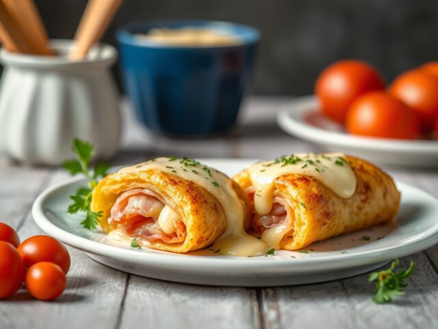 Schorsenerenrolletjes van ham met kaassaus — AI-gegenereerde illustratie