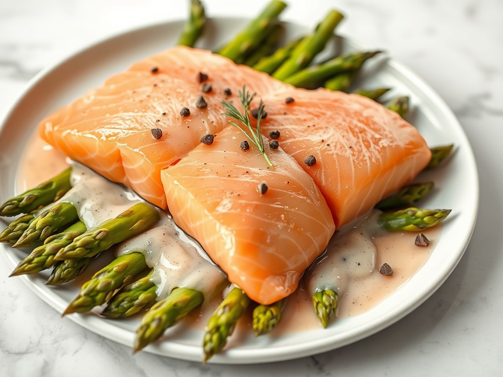 Schotse zalm op asperges met een sjalotten witte w, AI-gegenereerde illustratie