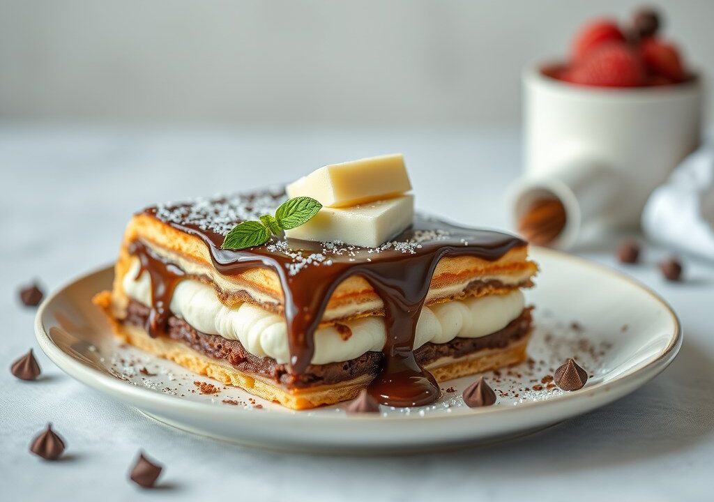 Schuimige ijskoffie met ricotta-chocoladetaart — AI-gegenereerde illustratie