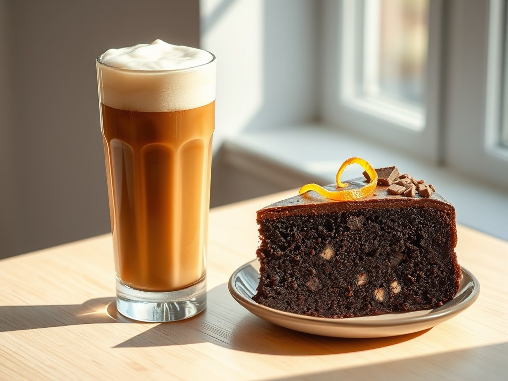 Schuimige ijskoffie met ricotta-chocoladetaart, AI-gegenereerde illustratie
