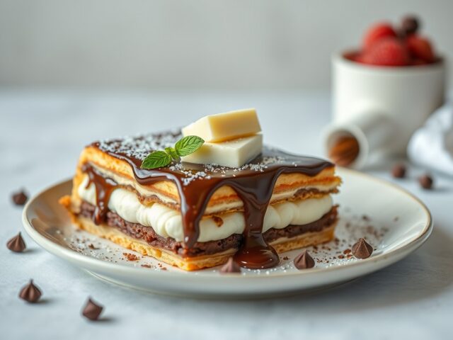 Schuimige ijskoffie met ricotta-chocoladetaart — AI-gegenereerde illustratie
