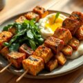 Seitanbrochettes met kaasaardappelen