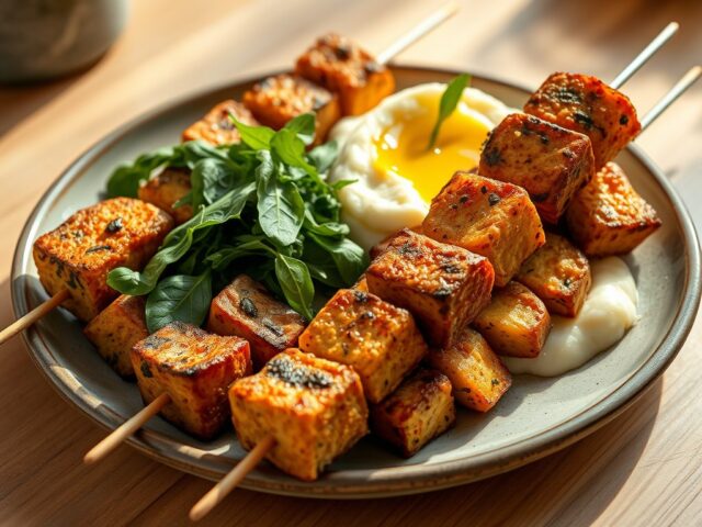 Seitanbrochettes met kaasaardappelen