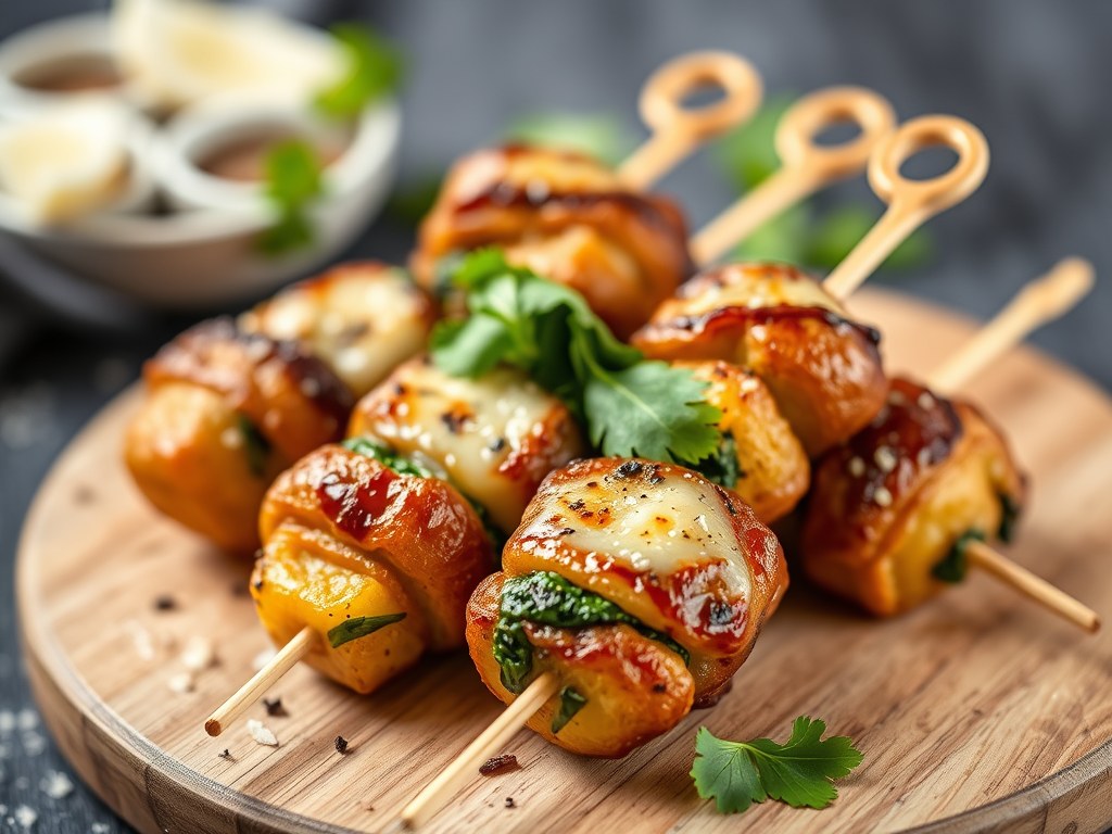 Seitanbrochettes met kaasaardappelen, AI-gegenereerde illustratie
