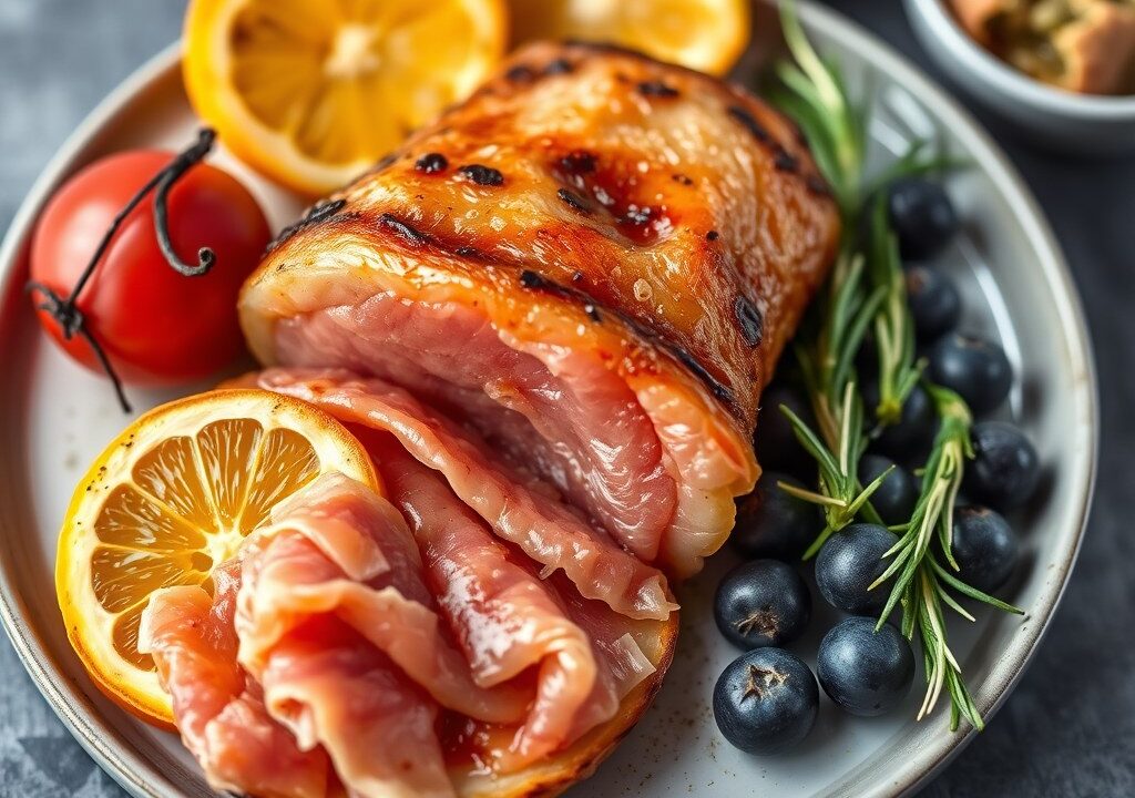 Serranoham met ananas en blauwschimmelkaas, AI-gegenereerde illustratie