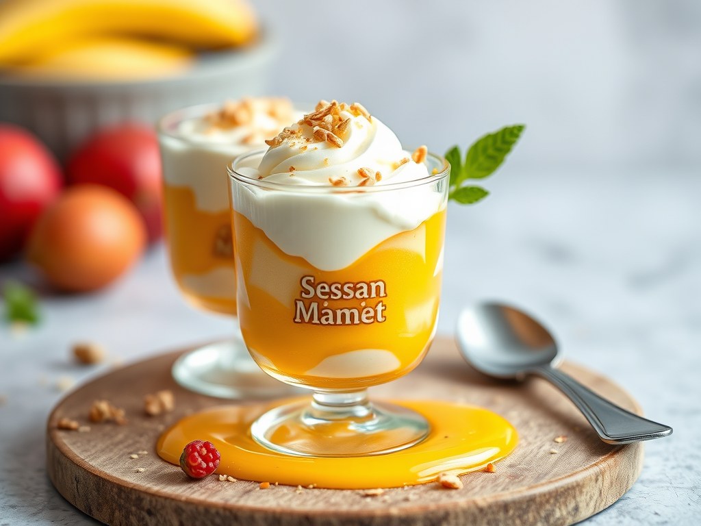 Sesam parfait met mango coulis, AI-gegenereerde illustratie