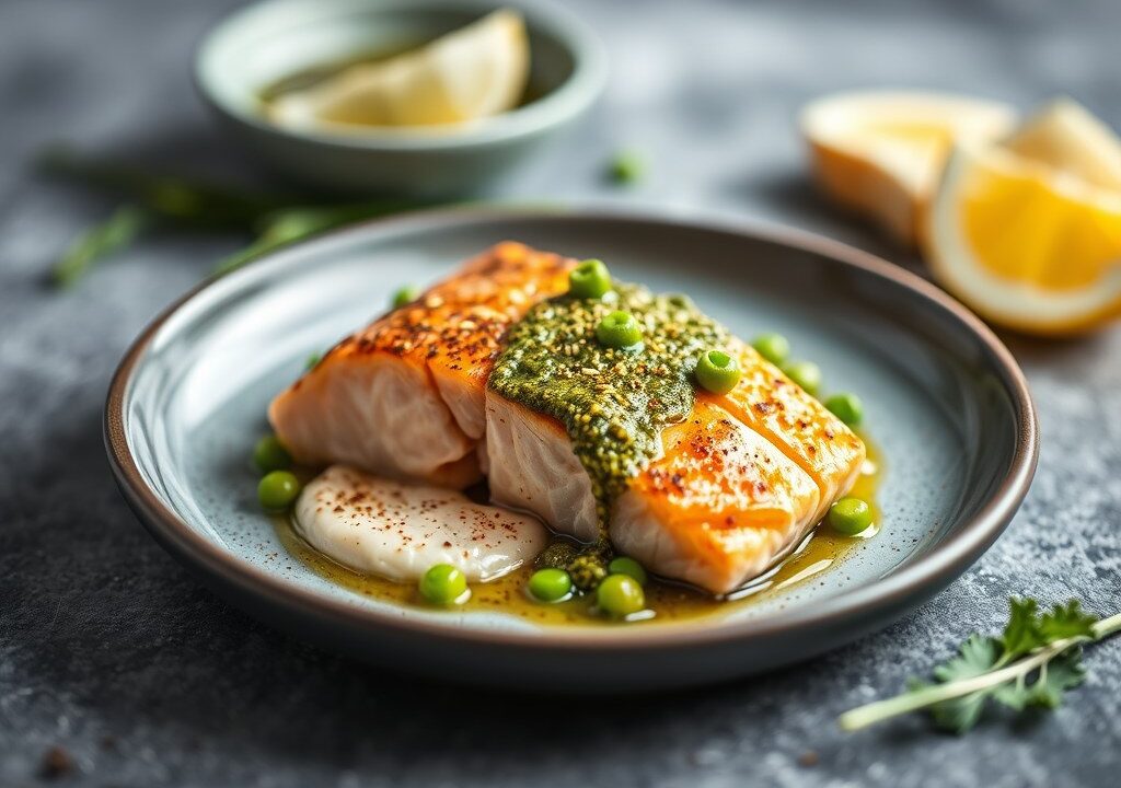 Sesam zalm met bloemkoolcrème en doperwtenpesto — AI-gegenereerde illustratie