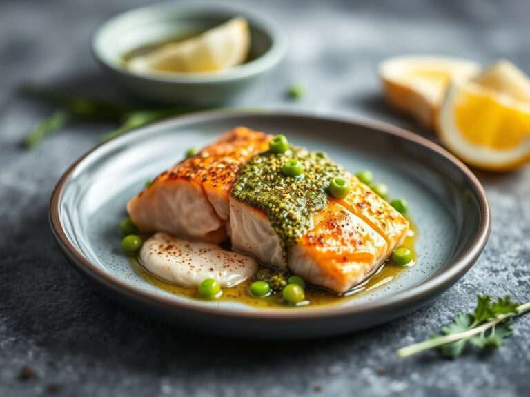 Sesam zalm met bloemkoolcrème en doperwtenpesto