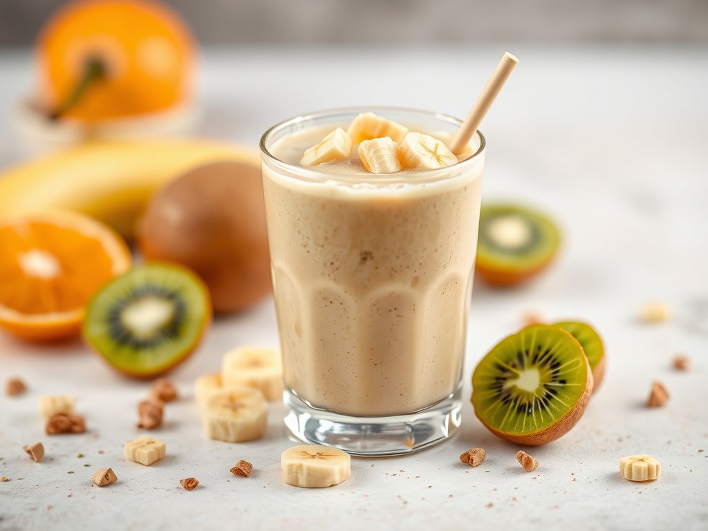 Shake met Hüttenkäse en vruchten, AI-gegenereerde illustratie
