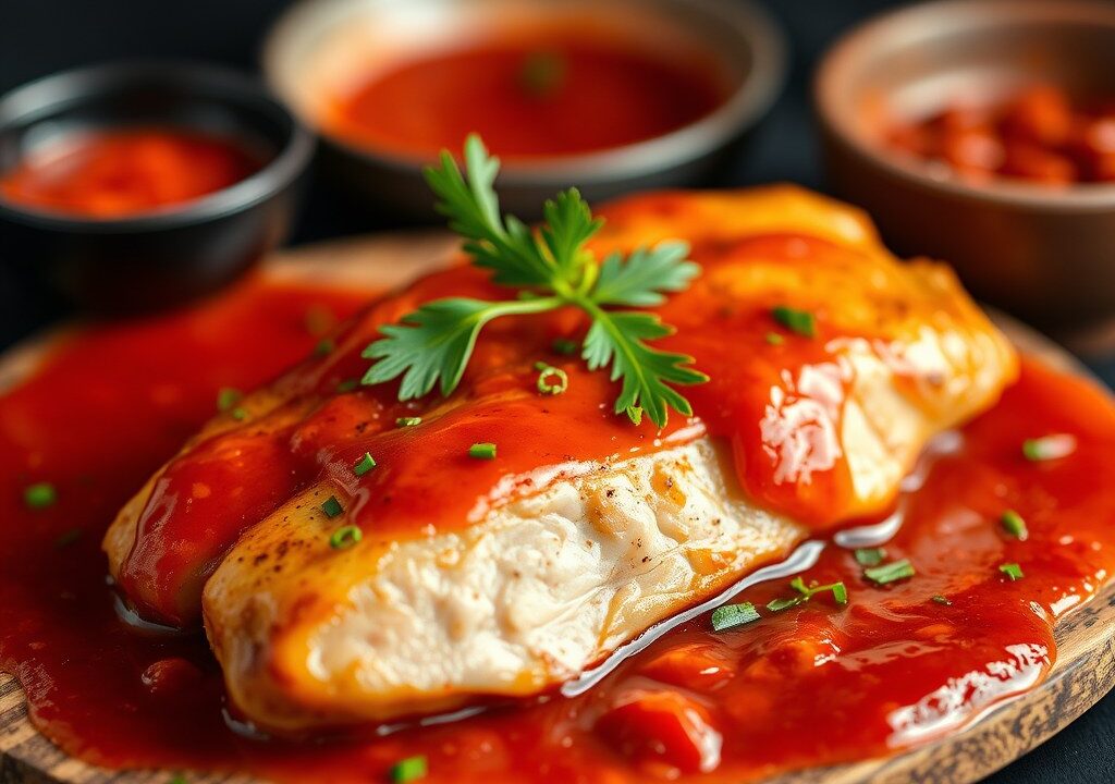 Shaslicks in rode marinade, AI-gegenereerde illustratie