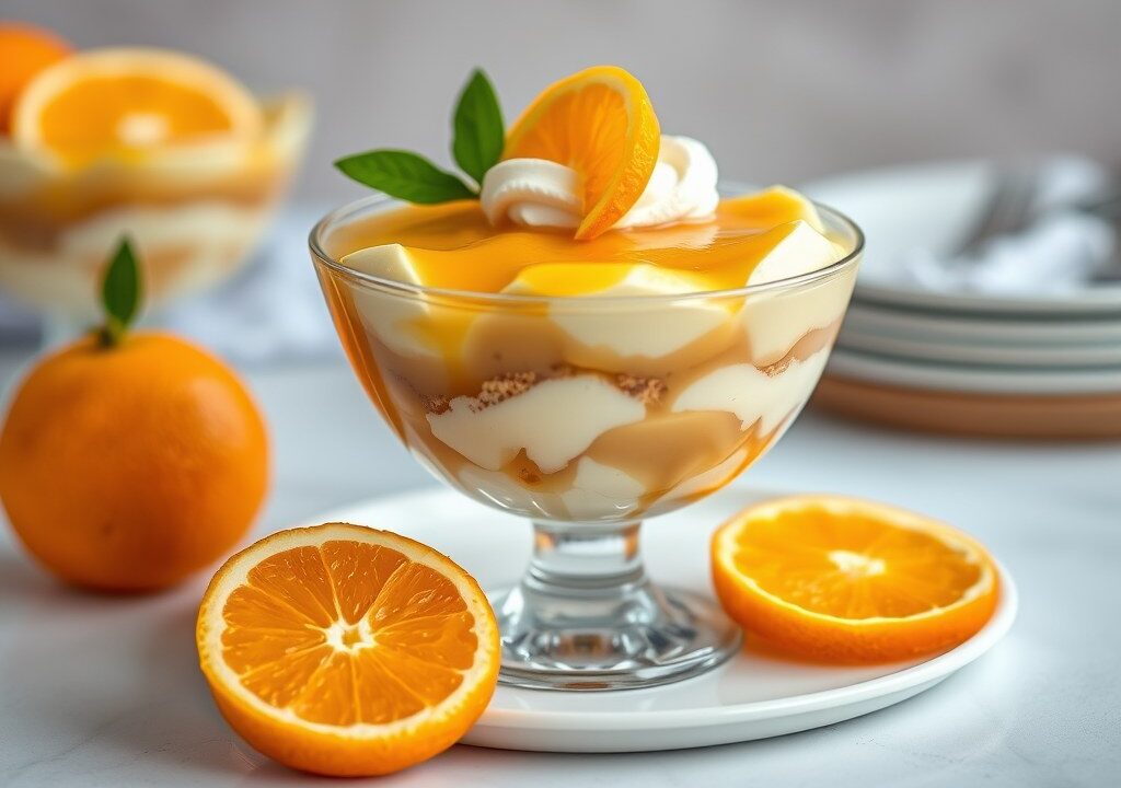 Sinaasappel-carameltrifle, AI-gegenereerde illustratie