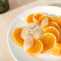 Sinaasappelcarpaccio met meloen + proseccosabayon