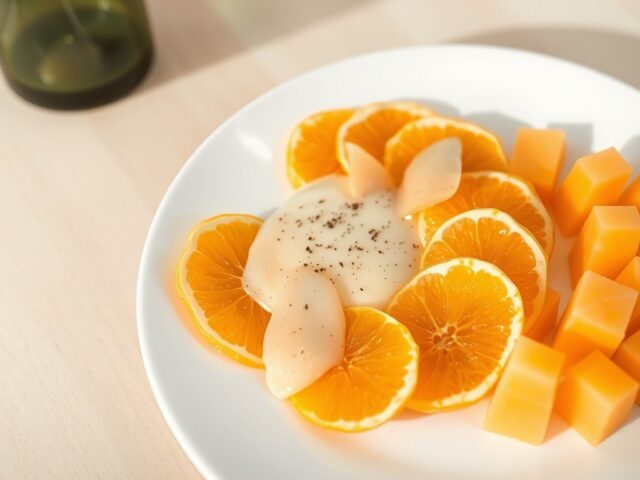 Sinaasappelcarpaccio met meloen + proseccosabayon