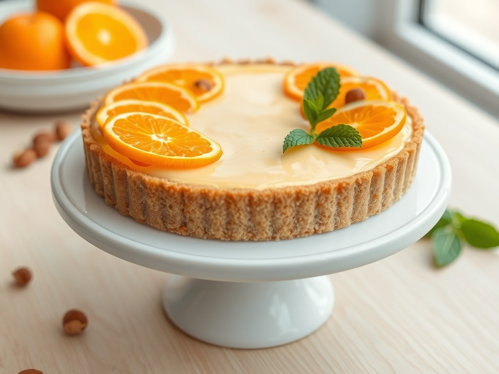 Sinaasappelmoussetaart met een biscuitbodem, AI-gegenereerde illustratie