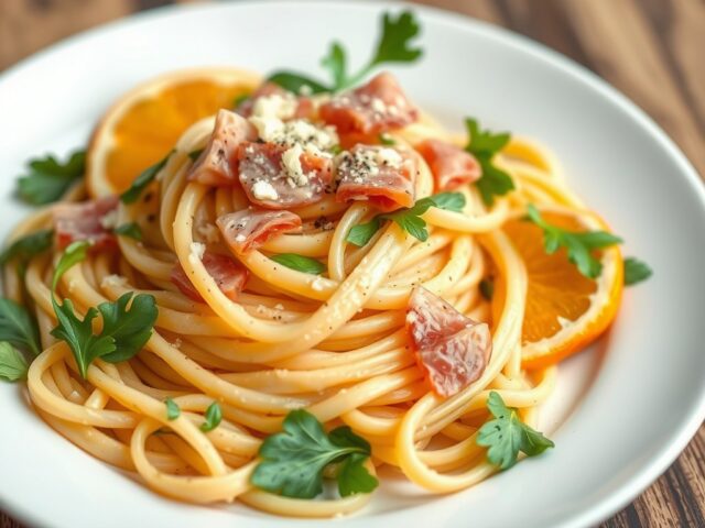 Sinaasappelpasta met waterkers