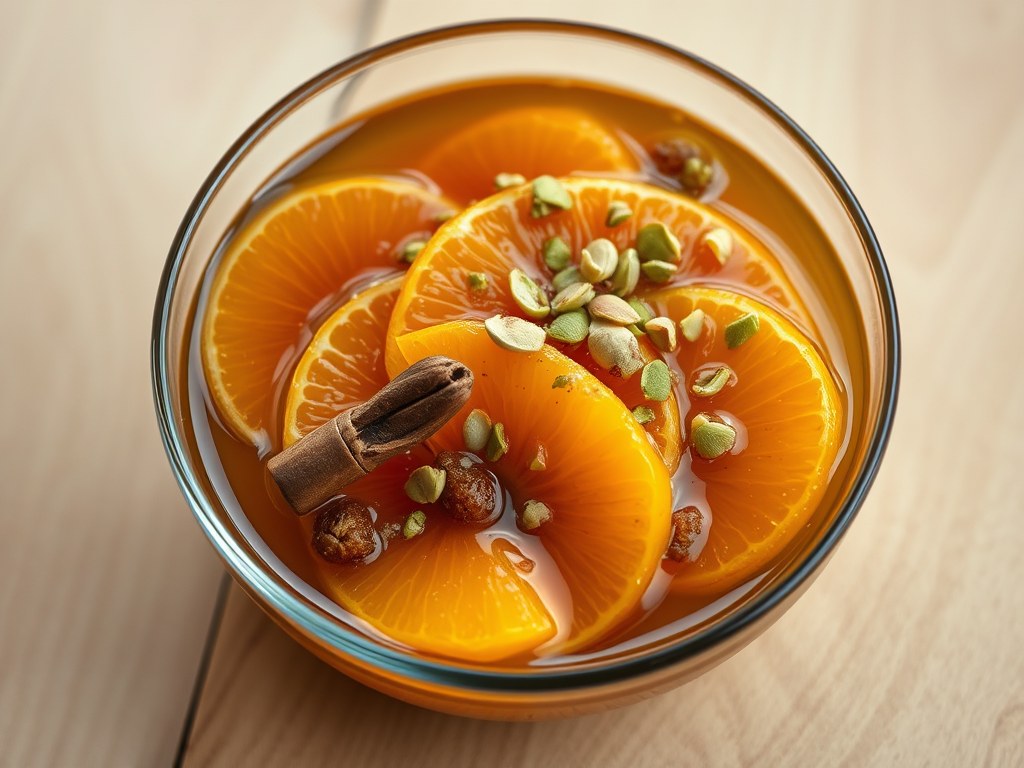Sinaasappels in dessertwijn, AI-gegenereerde illustratie