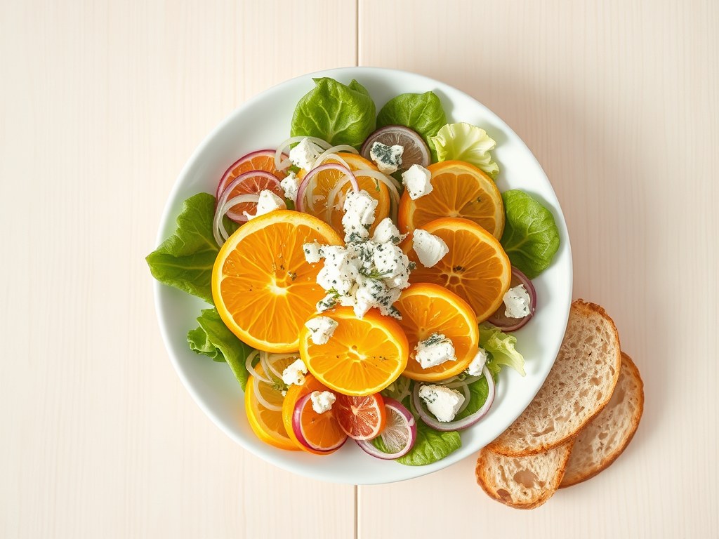 Sinaasappelsalade met blauwe kaas, AI-gegenereerde illustratie