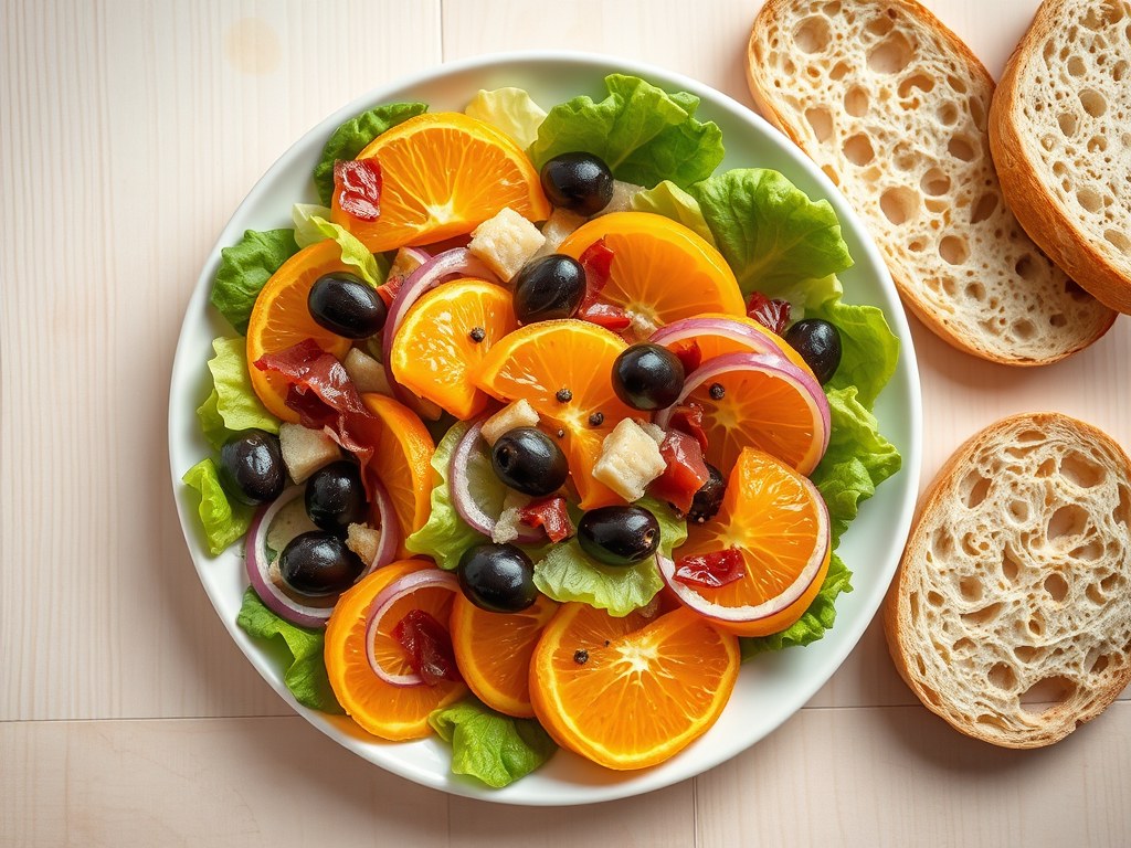 Sinaasappelsalade met olijven, AI-gegenereerde illustratie