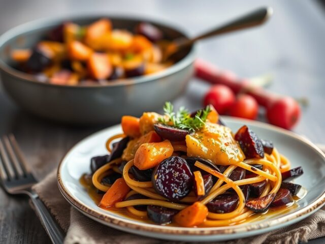 Sint-Jacobsvruchten met zwarte pasta en kerriesaus — AI-gegenereerde illustratie